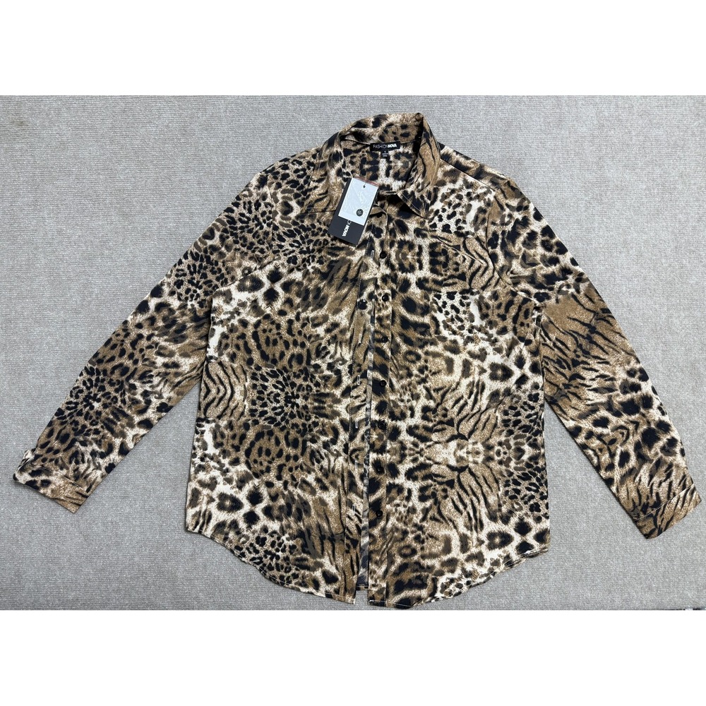 Fashion Nova Shirt Womens Small Animal Print‎ Button Up Long Sleeve Top NWT